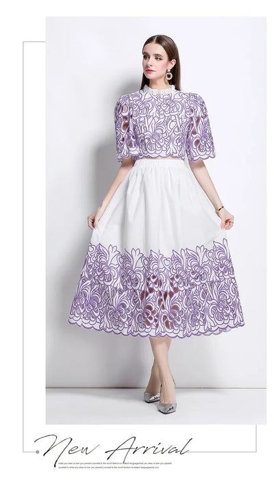 Summer Short Sleeve A-LINE Set Skirt for Women Fashion Ruffled Collar Embroidery Set Skirt Women Vestidos De Verano Mujer Q344