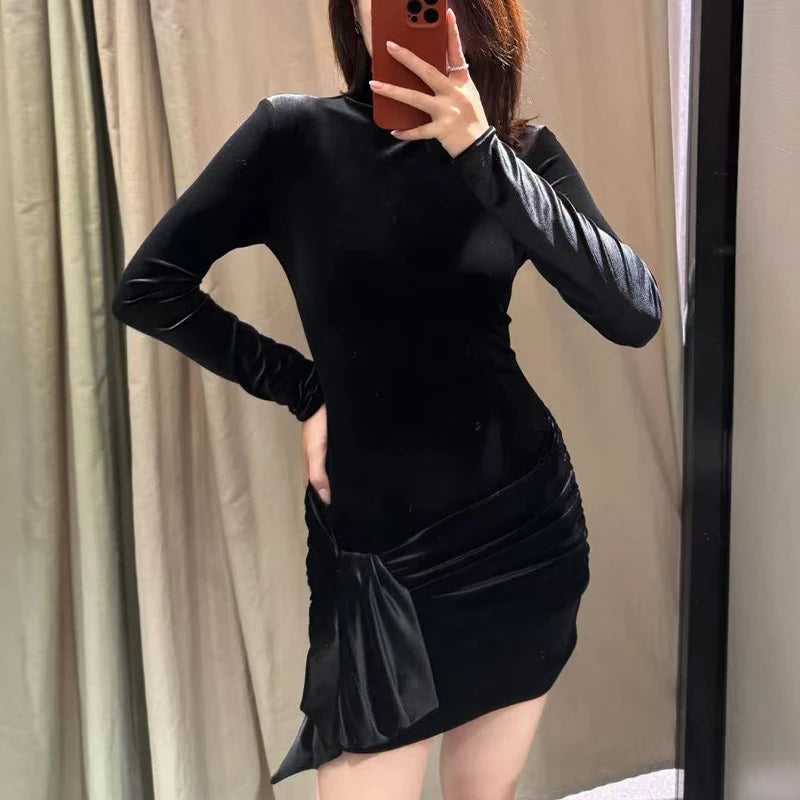 Womens Dress Velvet Turtleneck Long Sleeve Belt Fashion Short Dress Easily Creates A Luxurious And Cool Chic Look Trafizaran
