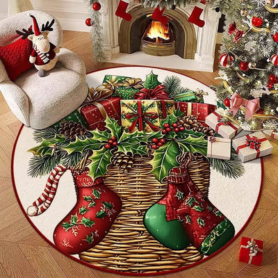 Christmas Stocking Gift Basket Carpet Mat Poinsettia Holly Rug Red Green Gold Festive Non-slip Home Decoration for Living Room
