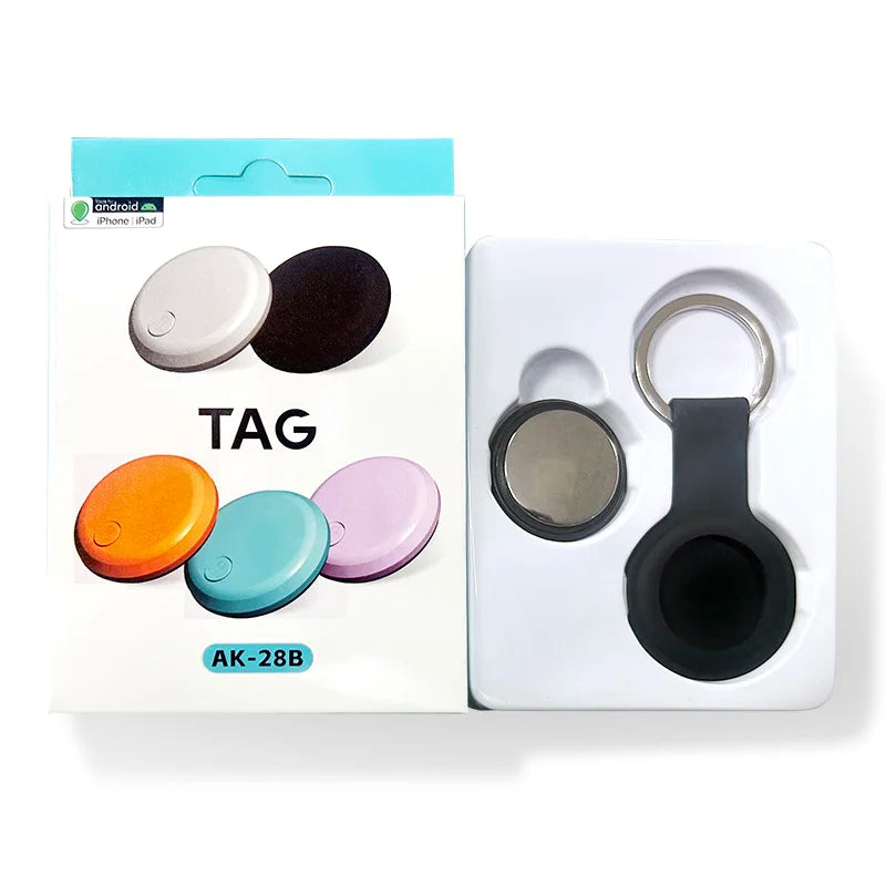 Blue and white Smart AirTag with colorful covers, black strap, and ring