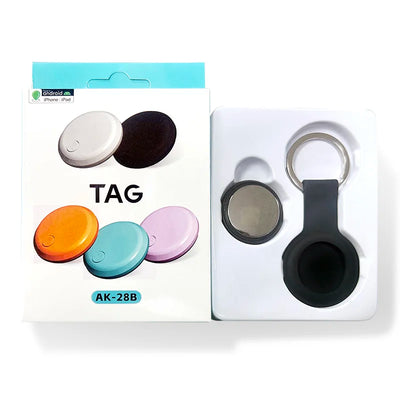 Blue and white Smart AirTag with colorful covers, black strap, and ring
