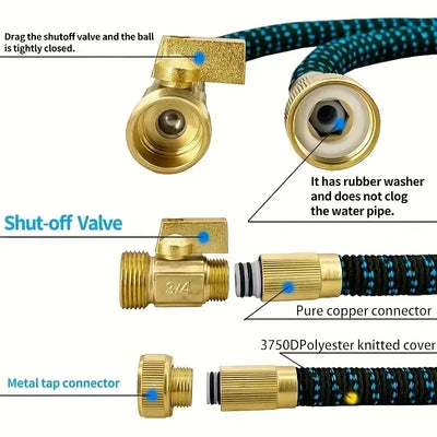 Expandable Garden Hose With Metal Nozzle, Lightweight And Non Twisted Flexible Garden Hose, 3/4 Inch Solid Brass Fittings