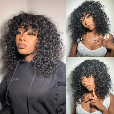 Curly Human Hair Wigs Machine Made Scalp Top Wig With Bangs  200% Density Shoulder-Grazing Curly Wig with Wispy Bangs