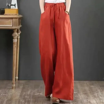 Women Wide Leg Pants Solid Loose Length Pants Cotton Linen Elastic Waist Casual Pants Vintage Mid Waist Pants 5XL