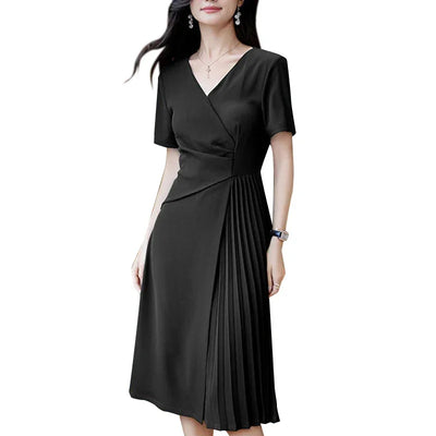 Summer Women Elegant OL Work Sundress V Nek Party Dress 2024 ZANZEA Fashion Short Sleeve Robe Femme Solid Pleated Midi Vestidos