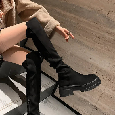 Fashion Platform Knee High Boots for Women Autumn Winter Fashion Slip on Leather Boots Woman Elastic Thick Soled Over Knee Botas