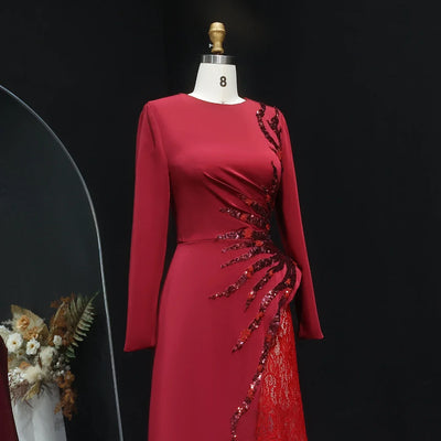 Sharon Said Wine Red Sequined Lace Evening Dresses with Full Sleeves for Women Wedding Party Gown SF266 Customized فساتين سهرة
