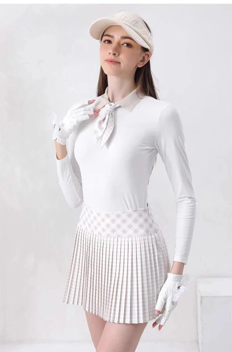 Women's Golfwear for  Slim-Fit Long-Sleeve Top with Polo Collar and Bow Tie, High-End Golf Hundred-Pleat Skirt Suit