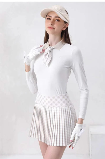 Women's Golfwear for  Slim-Fit Long-Sleeve Top with Polo Collar and Bow Tie, High-End Golf Hundred-Pleat Skirt Suit
