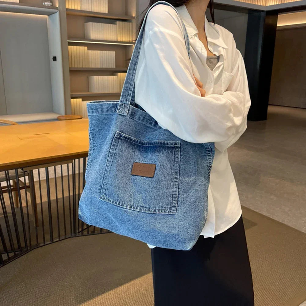 Women Shoulder Bag Luxury Designer Denim Handbag Fashionalbe Clutch Bag Vintage Simple Female Commuter Handbag for Office Travel