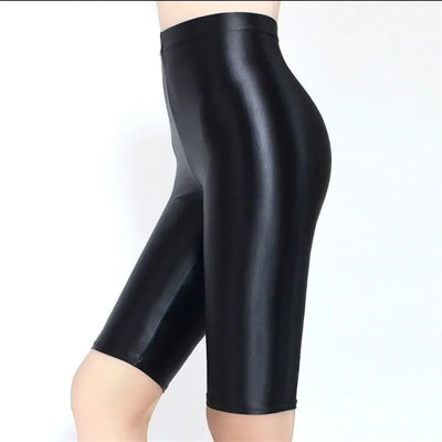 Stretchy Metallic Cropped Leggings Shorts Shiny Silver Basic High Waisted Leggings for Women Capri Yoga Bike