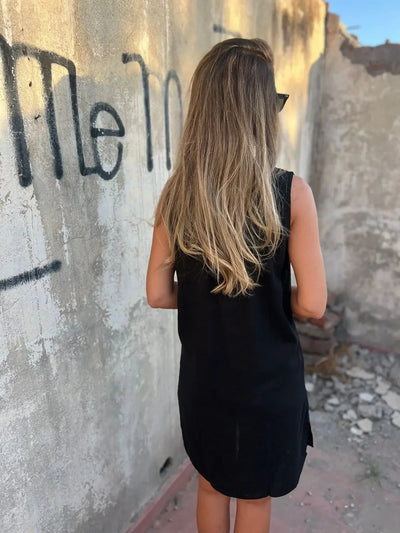 2025 Fashion Casual Cotton Linen Dresses For Women Summer Sleeveless Button Pocket Deep V Neck Party Mini Female Dresses Blue