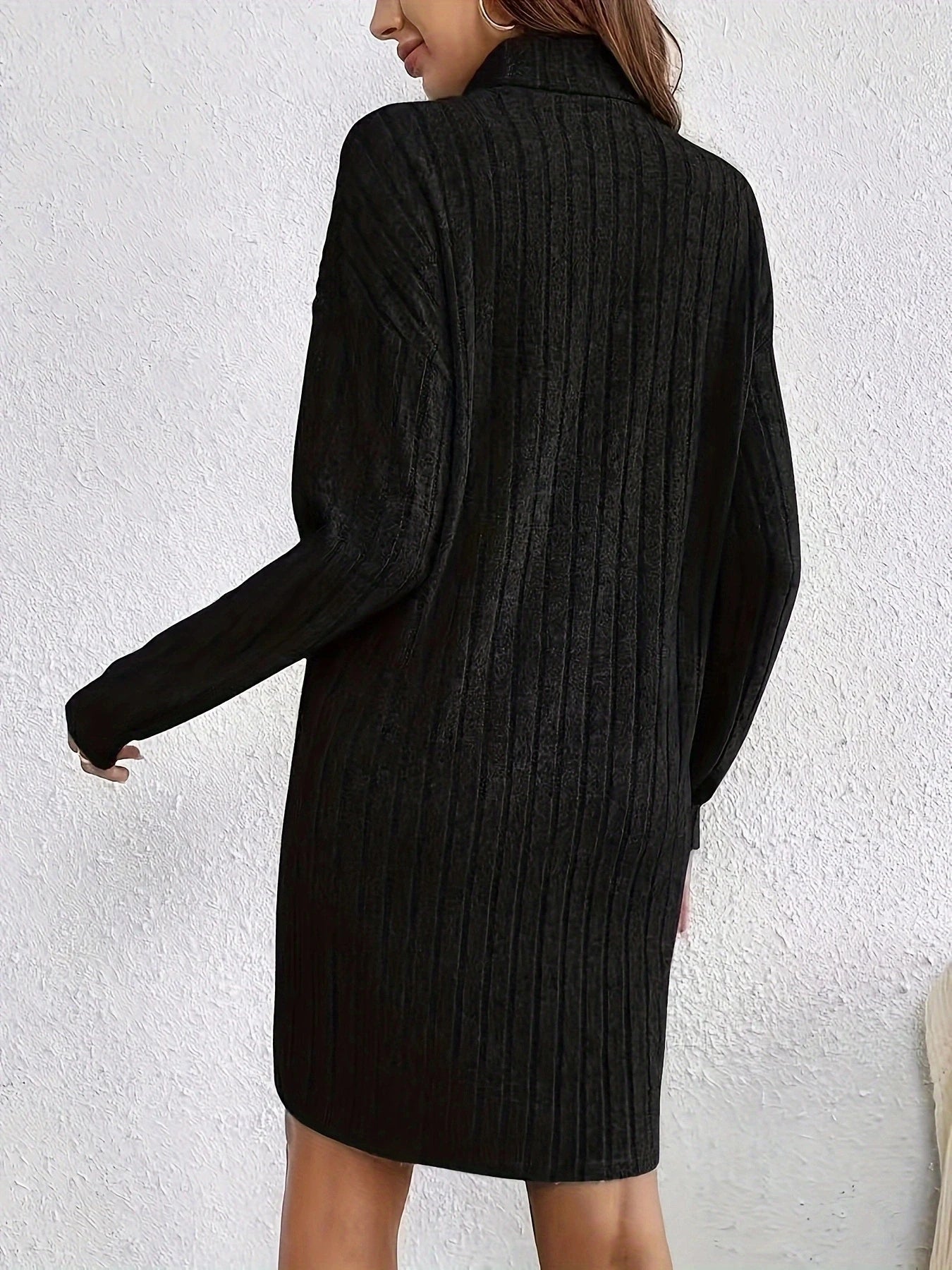 Cozy Casual Turtleneck Dress for Women - Long Sleeve, Ribbed Knit, Mid-Length with Side Stripes - Perfect for Fall/Winter