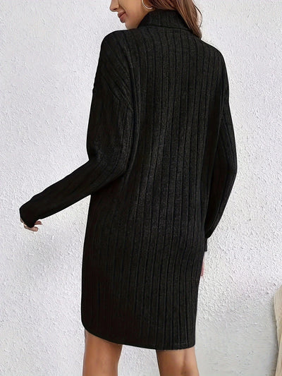 Cozy Casual Turtleneck Dress for Women - Long Sleeve, Ribbed Knit, Mid-Length with Side Stripes - Perfect for Fall/Winter