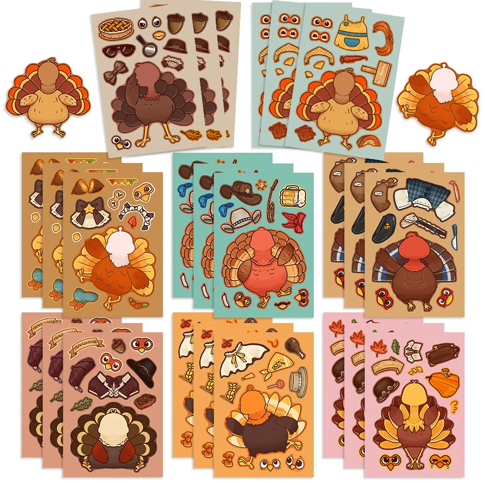 8/16/32pcs Cartoon Thanksgiving Day Sticker Funny Turkey Cute Children DIY Puzzle Make A Face Stickers Kids Educational Toys﻿