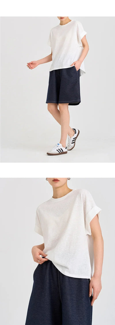 Women Linen Tops Crew Neck