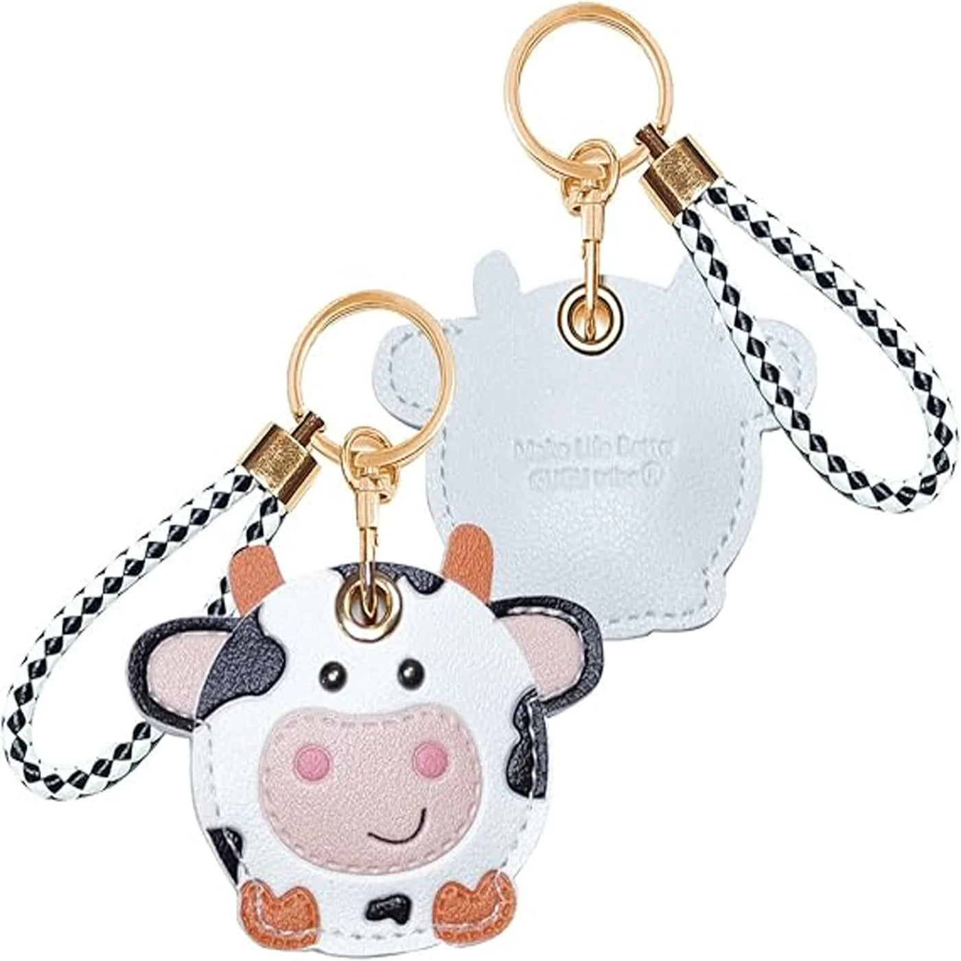 Cow-shaped AirTag leather keychain with hand straps, black spots, pink nose