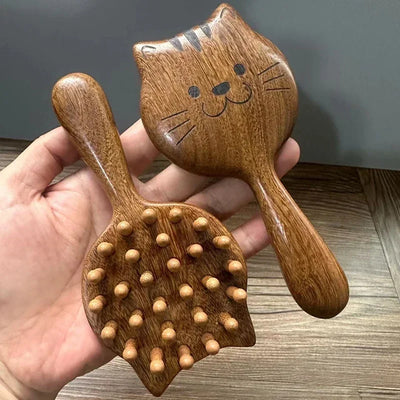 Wooden cat-shaped massage brush, sandalwood cartoon scalp meridian comb, wide-tooth meridian massage comb, soothing scalp