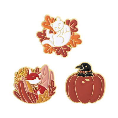 Thanksgiving Cute Cat Fox Lying On Maple Leaves Enamel Pins Cartoon Crow Pumpkin Metal Brooches Lapel Badge Jewelry Friends Gift