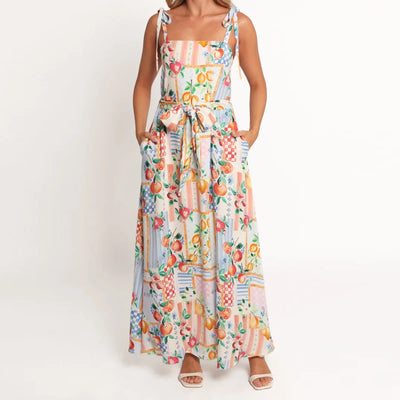 Women Slip Dress Spaghetti Straps Backless Fruit Flower Print Swing Dress Summer Long Dress with Belt for Cocktail Party