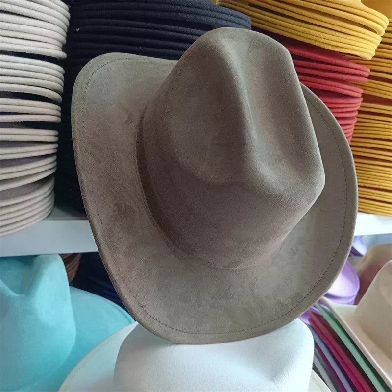Western suede leather 7.5cm denim women’s fedora hat men’s church jazz fashion travel party 2024