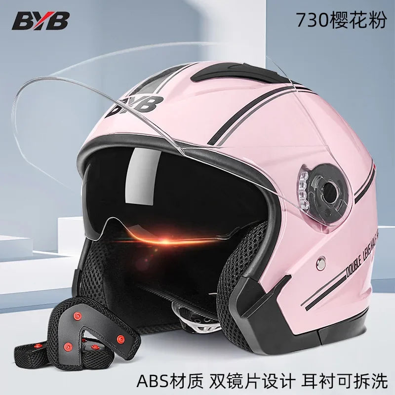 Motorcycle Open Face Helmet For Men And Women Dual Lens Sun Visor Face Shield Top Lightweight Scooter Bike Retro 3/4 Helmet