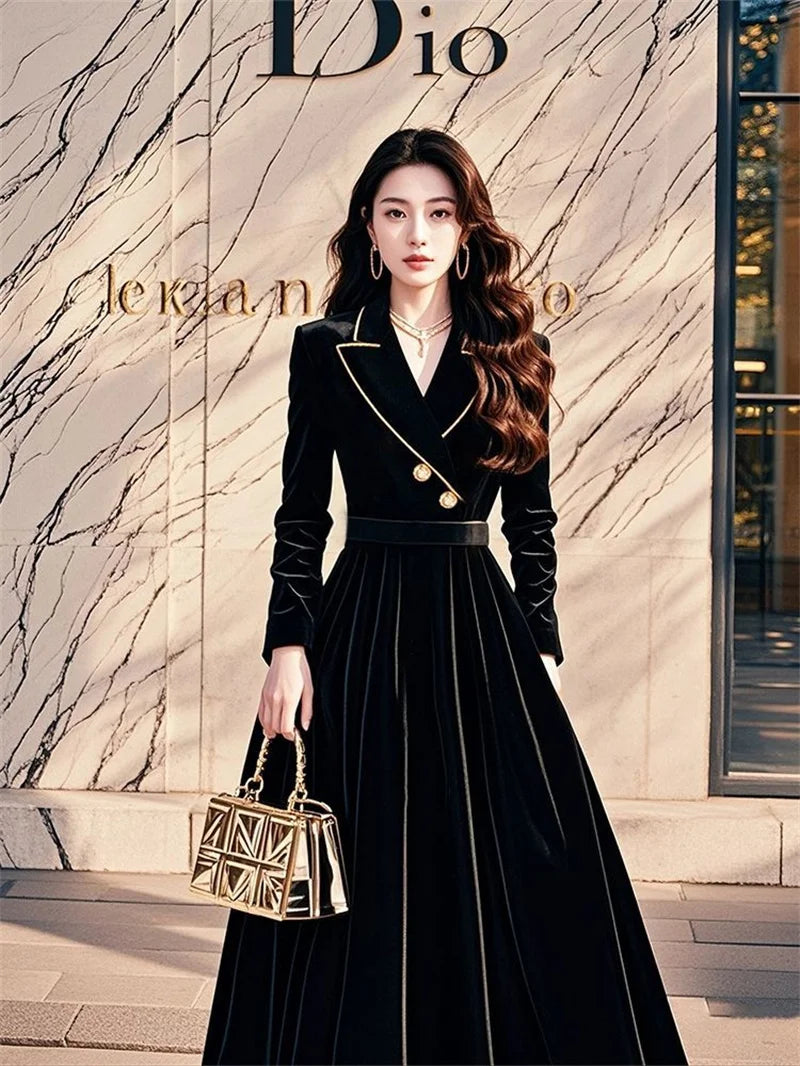 Style High-end Black Velvet Dress For Women, 2025 Autumn New Collection, Formal Occasions, Waist Cinching Suit Style Long Skirt