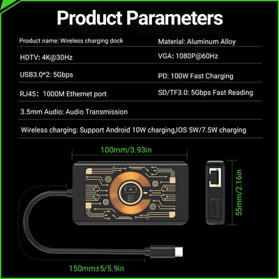 9in1 Wireless Charging Dock Multifunctional Docking Station with Wireless Charger Type C USB Hub for Phone/Pad/Laptop Expansion