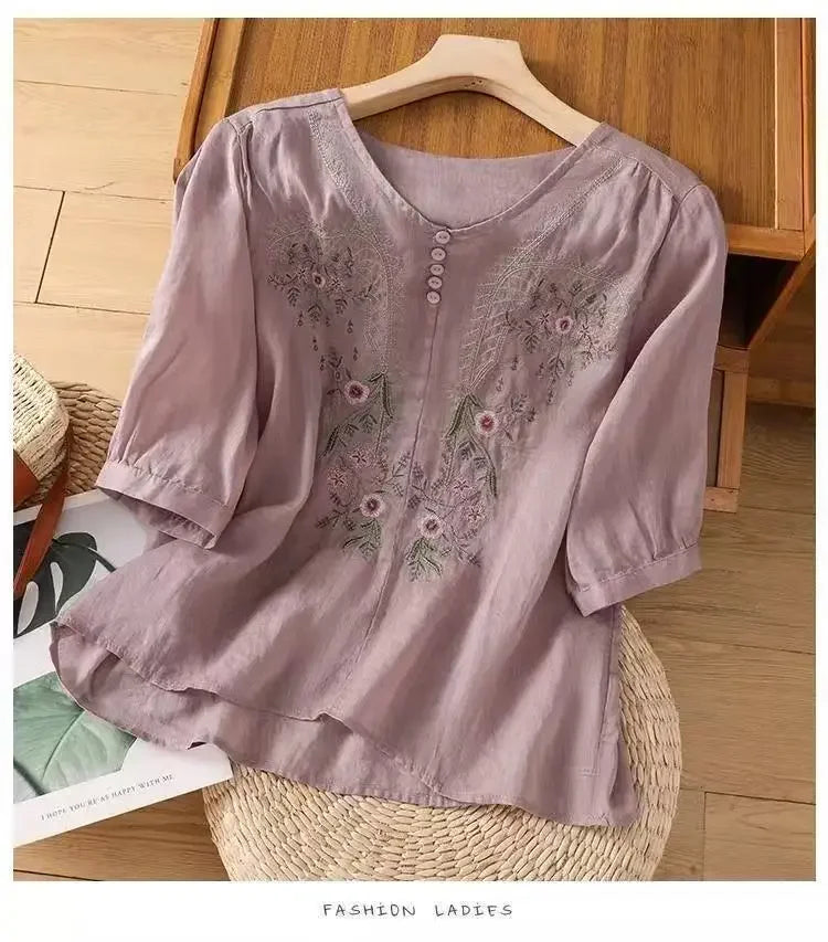 Linen V-neck EmbroideryTop For Women