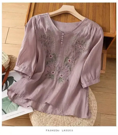 Linen V-neck EmbroideryTop For Women