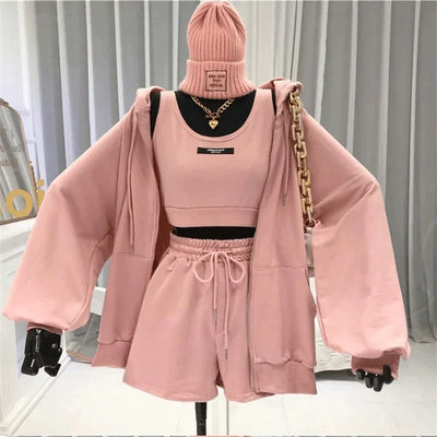 Shorts Three 3 Piece Sets Women Casual Vest Drawstring Short Hooded Zipper Jacket Sportswear Suits Y2k Streetwear Sports Hoodies