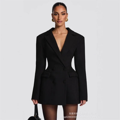 2025 New Black Women Double Breasted Blazer Elegant Belted Office Dress with Gold Buttons Slim Fit Trench Style Blazer