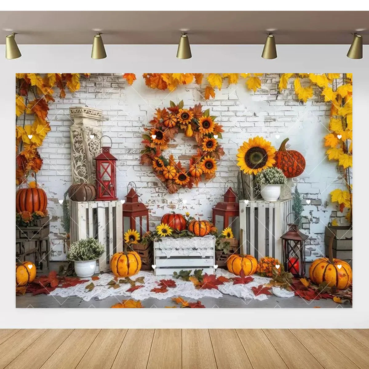Autumn Thanksgiving Party Photo Backdrop Farm Harvest Maple Leaves Sunflowers Scarecrow Pumpkin Backdrop Poster Studio Photozone