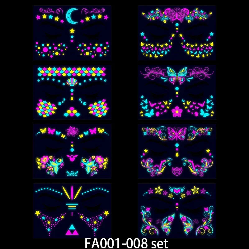 Temporary Fluorescent Tattoos Flower Feather Animals Pattern Body Arm Leg Face Stickers Night Bar Party Music Festival