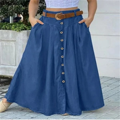 New 2025 Long Skirts for Women Oversized Spring Summer Button Sundress Casual High Waist Skirt Solid Female Elegant Party Robe