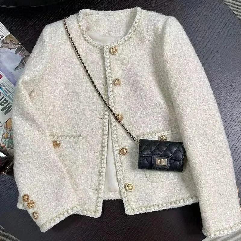 Women Vintage Jacket Autumn Winter Coat Off White Crop French Tweed