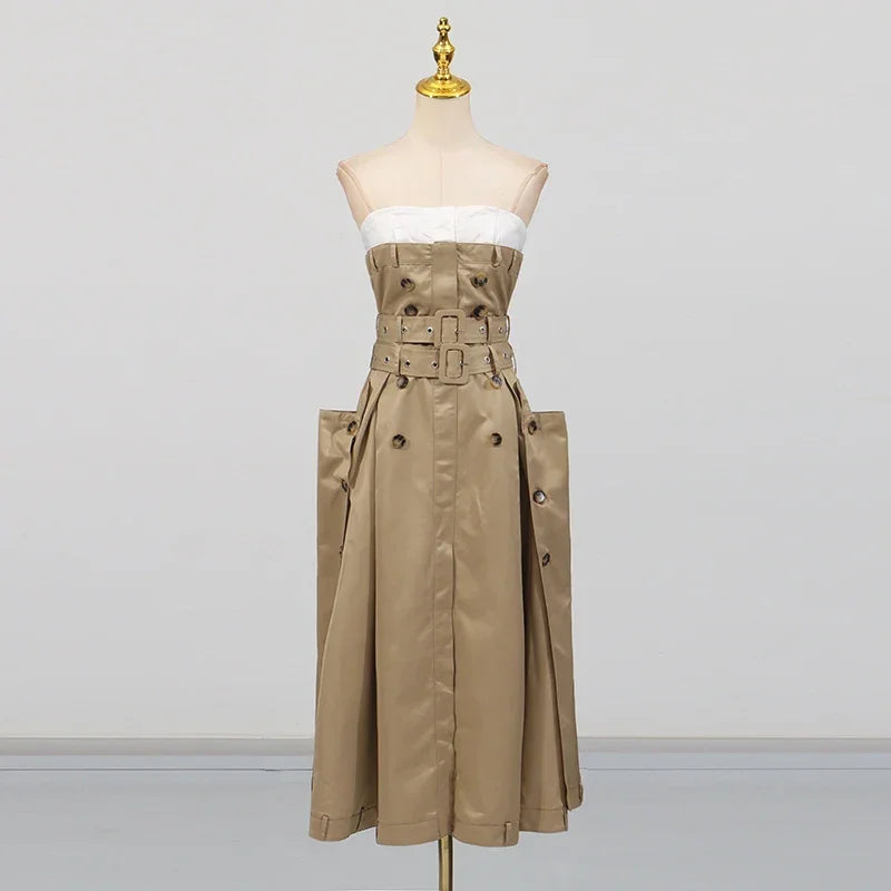 VGH Ameican Retro Irregular Cargo Dresses for Women Strapless Sleeveless High Waist Spliced Double Sashaes Midi Dress Female New