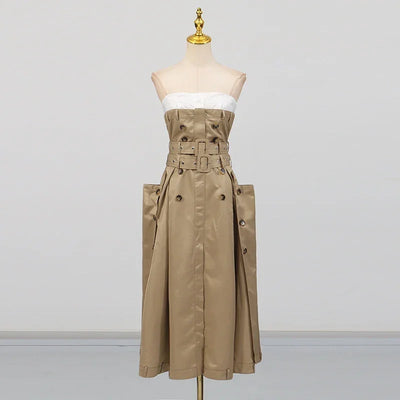 VGH Ameican Retro Irregular Cargo Dresses for Women Strapless Sleeveless High Waist Spliced Double Sashaes Midi Dress Female New