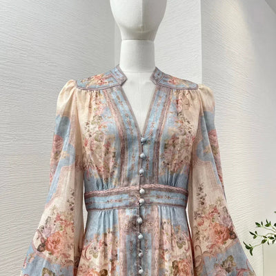 New High Quality Linen Elegant Long Lantern Sleeve Floral Print Waist Women Re-tro Midi Dress