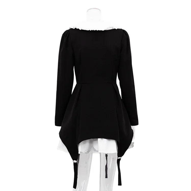 Doll Collar Casual Sheath Dresses for Women Autumn Long Sleeve Pullover Black and White Bodycon Knee Length Femme Fashion Dress