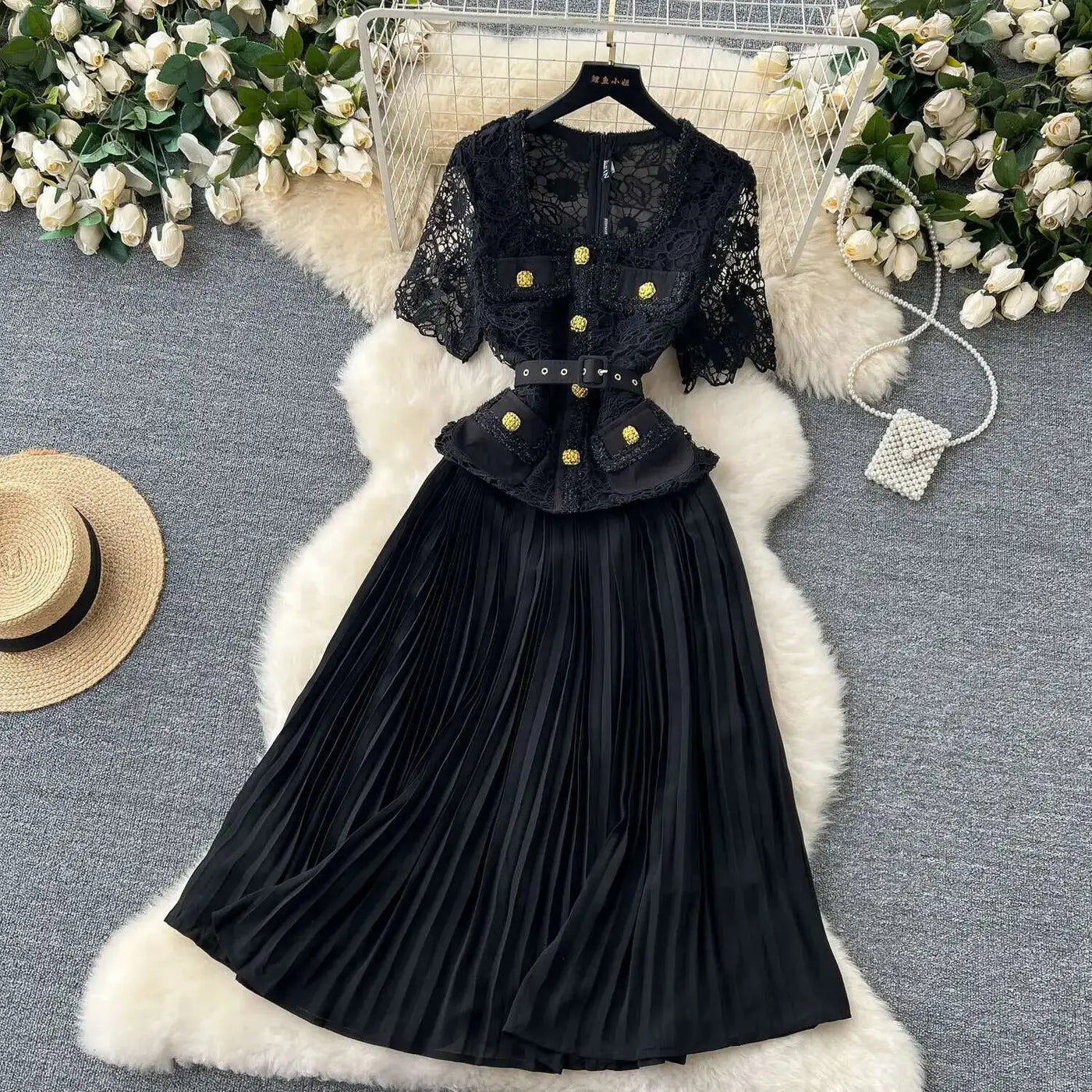 Designer 2025 Summer Pleated Chiffon Lace Long Dress Women Flower Embroidery Gold Button Belt Evening Party Dresses Wedding Robe
