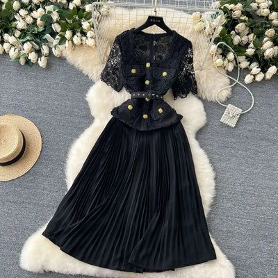 Designer 2025 Summer Pleated Chiffon Lace Long Dress Women Flower Embroidery Gold Button Belt Evening Party Dresses Wedding Robe