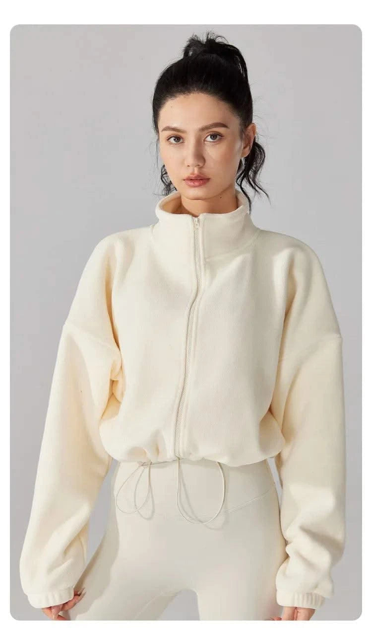 Women's Fleece Short Jacket Full Zip Stand Collar Warm Winter Sherpa Crop Coats with Drawstring Hem Gym Fitness Sports Clothing