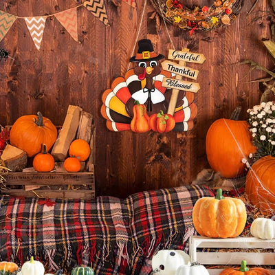 Thanksgiving Wooden Wreath Sign - Turkey & Pumpkin Front Door Decor with 'Thankful Blessed' Message, Fall Harvest Wall Art