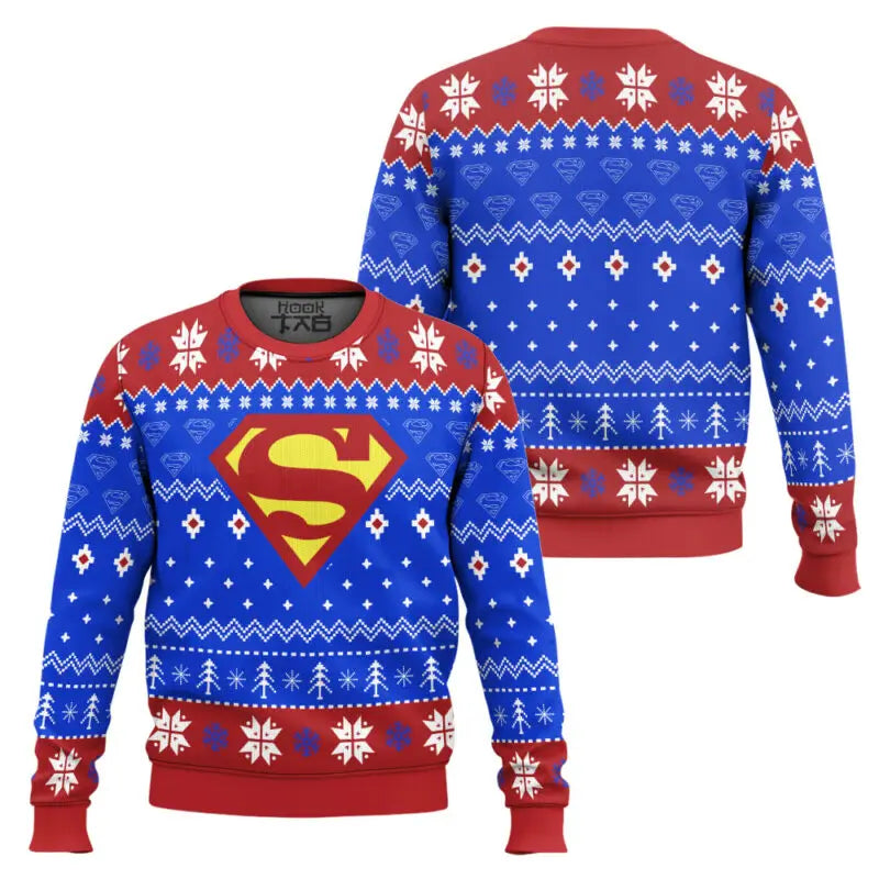 Marvel Superman Hooded Ugly Sweater Men's Winter Sweater Blue Red Cool Trendy Temperament Versatile Snowflake Christmas Tree