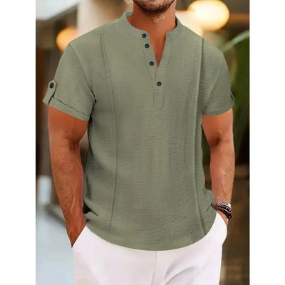 Men's summer new style standing collar short-sleeved POLO Shirts double button front casual outdoor beach wind solid color Tops