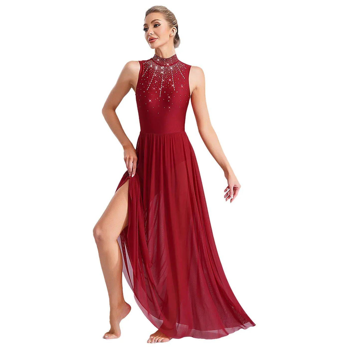 Women Lyrical Contemporary Ballroom Modern Dance Costume Dancing Prom Gown Side Split Maxi Dress for Ballet Gymnastics Skating