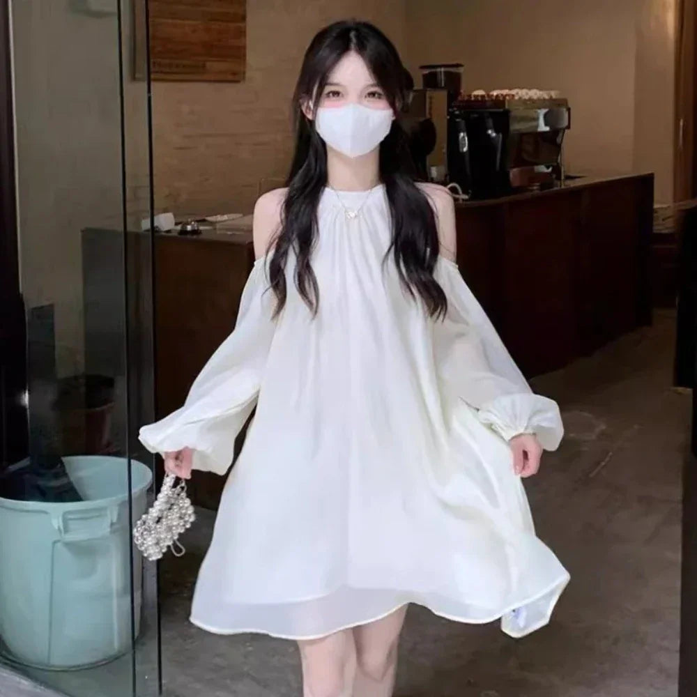 A-line Off Shoulder Halter Dress Off Shoulder Hanging Neck Lace-up Short Skirts Beachwear Sweet Girl Style Dresses Women Summer