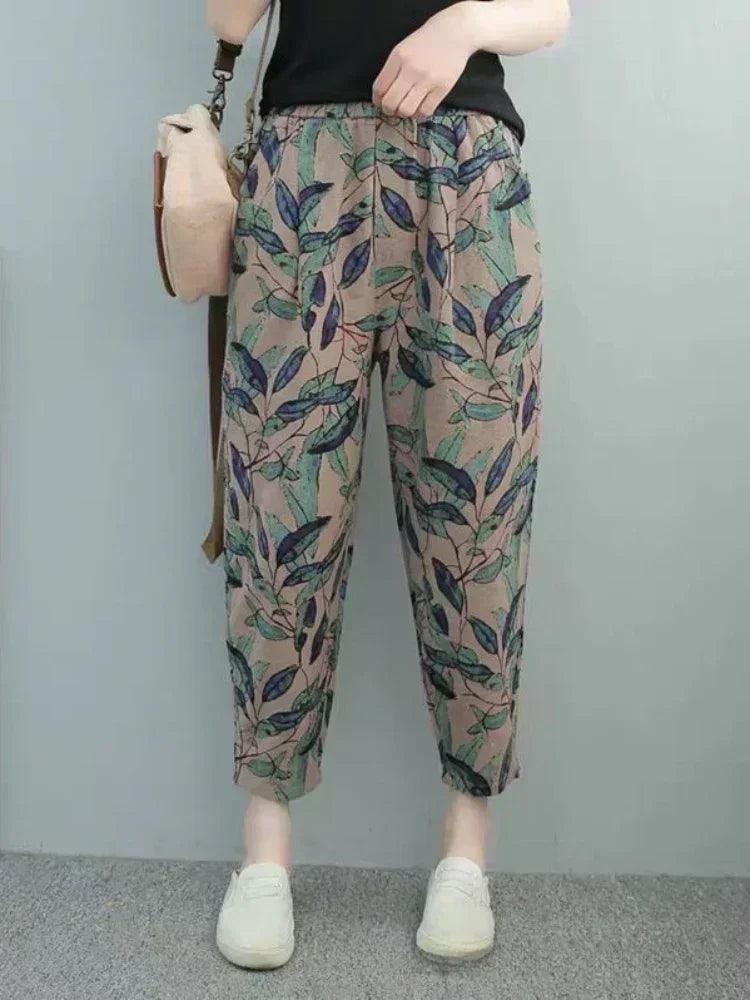Fashion printed cotton linen harem pants for women 2025 summer casual high waist calf-length loose trousers female