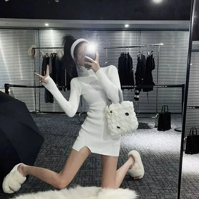 Dresses for Women Short Turtleneck Extreme Mini Sexy Daring Clothes Woman Dress Knitted Bodycon Grey Crochet Split Korean Style